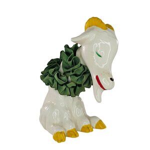 Vintage Japan Ceramic Goat Head Nodder Bobblehead Figurine Faux Fur Quirky